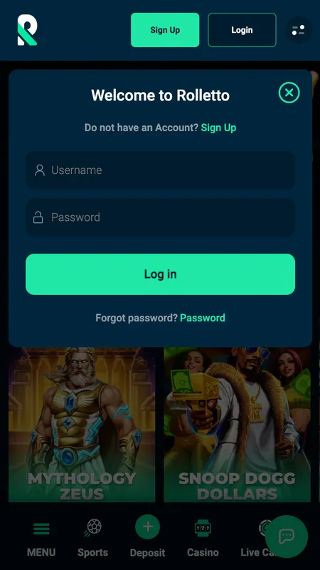 Rolletto Casino login form on desktop